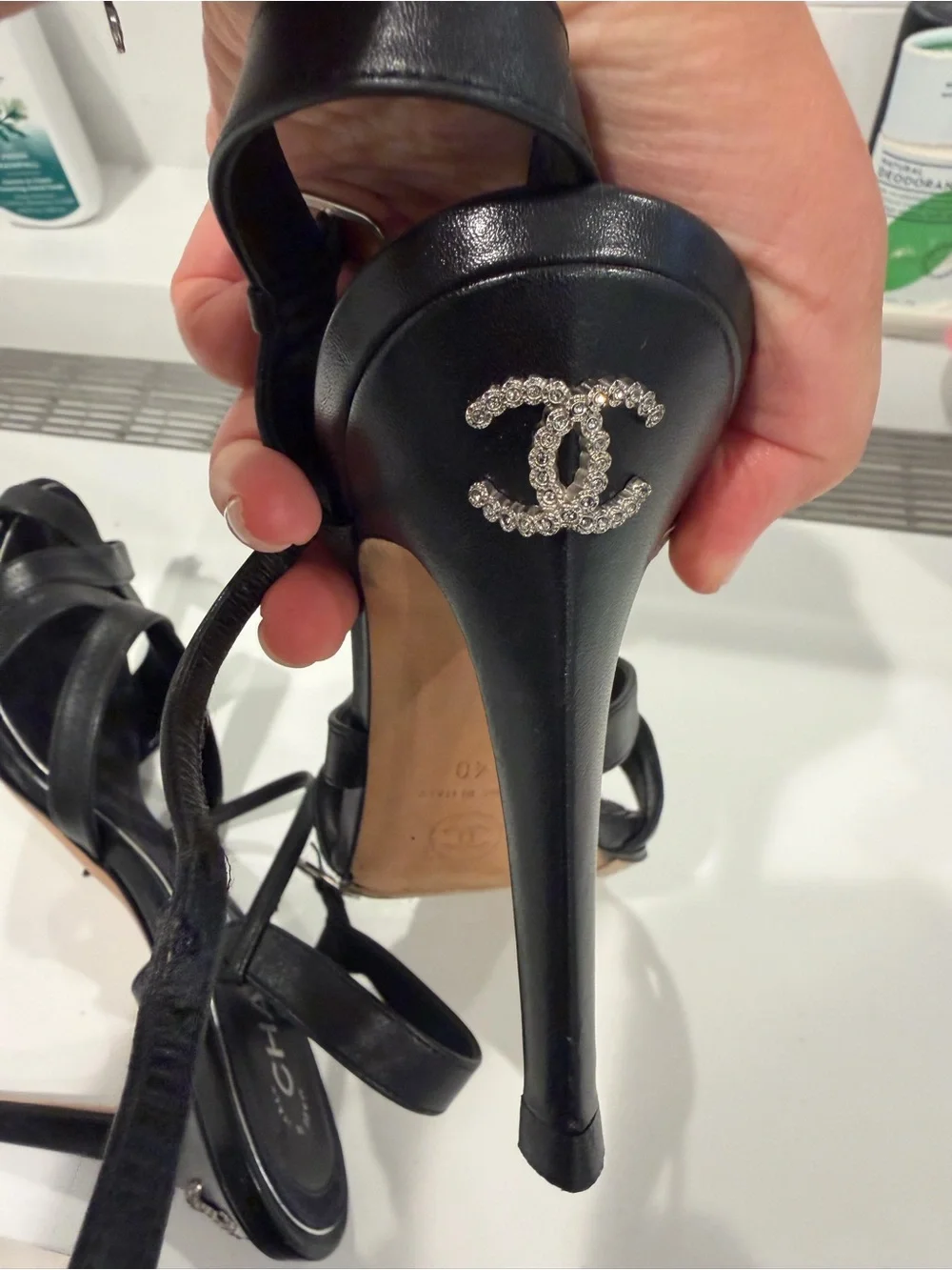 CHANEL Black Leather Crisscross Slingback Heels